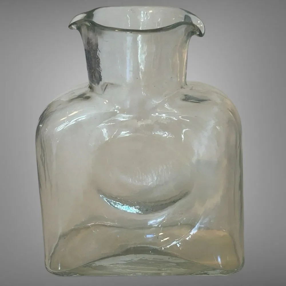 Vintage Blenko Clear Art Glass 8” Double Spout Pitcher Water Carafe Bottle